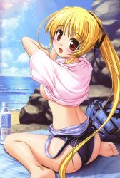 Rule 34 | 1girl, absurdres, bag, barefoot, beach, bekkankou, blonde hair, blush, bottle, breasts, clothes lift, clothes pull, cropped, cynthia marguerite, day, duffel bag, feet, from behind, hair ribbon, highres, light rays, long hair, looking back, medium breasts, no bra, one-piece swimsuit, one-piece swimsuit pull, open mouth, outdoors, plaid, plaid background, ponytail, red eyes, ribbon, scan, shirt lift, sideboob, sitting, solo, sunbeam, sunlight, swimsuit, third-party edit, toes, undressing, very long hair, wariza, water, water bottle, yoake mae yori ruri iro na