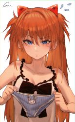 Rule 34 | 1girl, :3, absurdres, animal print, bad id, bad pixiv id, blue eyes, breasts, cleavage, grscubes, highres, holding, holding clothes, holding panties, holding underwear, lips, long hair, looking at viewer, neon genesis evangelion, orange hair, panties, presenting removed panties, rabbit print, shaded face, shiny skin, small breasts, solo, souryuu asuka langley, standing, two side up, underwear, upper body, white background