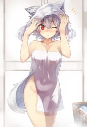Rule 34 | 1girl, :o, ;o, animal ears, bad id, bad pixiv id, collarbone, drying, drying hair, highres, indoors, inubashiri momiji, naked towel, one eye closed, red eyes, see-through silhouette, short hair, solo, standing, suminagashi, tail, touhou, towel, towel on head, white hair, wolf ears, wolf tail