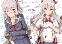 Rule 34 | 10s, 1girl, alternate costume, alternate hairstyle, bespectacled, blush, breasts, cannon, cleavage, dual persona, glasses, gloves, grey hair, hair ornament, hat, ichikawa feesu, kantai collection, kashima (kancolle), large breasts, looking at viewer, machinery, military hat, navel, pleated skirt, semi-rimless eyewear, skirt, smile, translation request, under-rim eyewear, upper body, white gloves