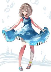 Rule 34 | 1girl, bare shoulders, blue dress, brown eyes, brown hair, dress, hairband, looking down, m.b, original, ribbon, short hair, sky print, smile, solo, striped, two-sided fabric, two-sided skirt, vertical stripes, water drop