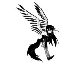 Rule 34 | 10s, 1girl, akemi homura, akuma homura, argyle, argyle clothes, argyle legwear, bare shoulders, black gloves, black hair, black wings, bow, choker, dress, elbow gloves, feathered wings, gloves, greyscale, hair bow, hands on own knees, high heels, highres, long hair, looking at viewer, mahou shoujo madoka magica, mahou shoujo madoka magica: hangyaku no monogatari, mariel, monochrome, purple eyes, simple background, smile, solo, spoilers, thighhighs, white background, wings, zettai ryouiki