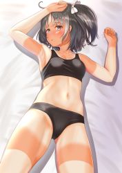 Rule 34 | 1girl, absurdres, arm up, armpits, black hair, black panties, black sports bra, blush, bow, breasts, collarbone, gluteal fold, grey eyes, hair bow, highres, kantai collection, lying, nagara (kancolle), navel, on back, one side up, panties, short hair, small breasts, solo, sports bra, tan, tanline, underwear, underwear only, zuki