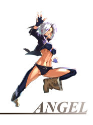 Rule 34 | 1girl, angel (kof), belt, blue eyes, boots, breasts, cleavage, female focus, fingerless gloves, gloves, hair over one eye, highres, jacket, jumping, l.k, large breasts, looking at viewer, navel, short hair, simple background, solo, the king of fighters, white hair