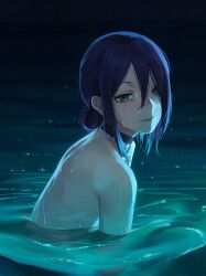 Rule 34 | 1girl, black choker, blush, chainsaw man, choker, commentary, english commentary, green eyes, hair between eyes, hair bun, highres, in water, looking at viewer, medium hair, nude, partially submerged, purple hair, reze (chainsaw man), single hair bun, smile, solo, upper body, uqi32, water, water drop, wet, wet hair