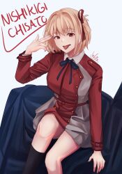Rule 34 | 1girl, arm support, black socks, blonde hair, blue ribbon, bob cut, character name, chxoswolf, collared shirt, commentary, couch, dress, feet out of frame, finger gun, finger gun to head, grey dress, hair between eyes, hair ribbon, highres, kneehighs, long sleeves, looking at viewer, lycoris recoil, lycoris uniform, neck ribbon, nishikigi chisato, one side up, red dress, red eyes, red ribbon, ribbon, shirt, short hair, sidelocks, signature, simple background, socks, solo, tongue, tongue out, two-tone dress, white background, white shirt