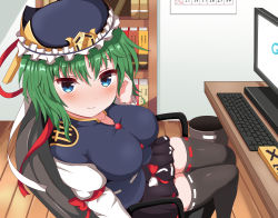 Rule 34 | 1girl, arm at side, arm ribbon, arm up, black skirt, black thighhighs, blue eyes, blue vest, blush, book, bookshelf, breasts, calendar (object), chair, commentary request, computer, desk, epaulettes, feet out of frame, google, green hair, guard vent jun, hair between eyes, hand in own hair, hat, hat ribbon, highres, indoors, keyboard (computer), large breasts, light blush, long sleeves, looking at viewer, office chair, pleated skirt, ribbon, ribbon-trimmed legwear, ribbon trim, rod of remorse, shiki eiki, shirt, short hair, sitting, skirt, smile, solo, swivel chair, thighhighs, touhou, trash can, vest, white shirt, wooden floor