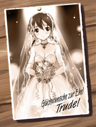 Rule 34 | 00s, 1girl, bad id, bad pixiv id, bouquet, breasts, bride, cleavage, dress, flower, gertrud barkhorn, kyogoku shin, large breasts, long hair, monochrome, photo (object), sepia, solo, strike witches, translated, twintails, wedding dress, world witches series