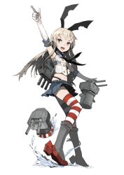 Rule 34 | 10s, 1girl, alchemaniac, blonde hair, brown eyes, gloves, highres, kantai collection, lifebuoy, long hair, pointing, rensouhou-chan, sailor collar, shimakaze (kancolle), smile, striped clothes, striped thighhighs, swim ring, thighhighs