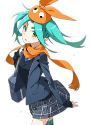 Rule 34 | 1girl, aqua hair, eyebrows, green eyes, hat, highres, long hair, looking at viewer, monogatari (series), ononoki yotsugi, pointy ears, scarf, short hair, simple background, skirt, solo, striped clothes, striped thighhighs, thighhighs, twintails, white background, yamanami kousuke