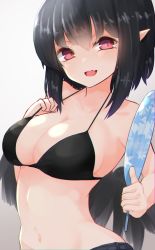 Rule 34 | 1girl, :d, bare shoulders, bikini, black bikini, black hair, black wings, blush, breasts, cleavage, commentary request, fang, feathered wings, grey background, hair between eyes, hand up, highres, holding, long hair, looking at viewer, medium breasts, navel, open mouth, pointy ears, red eyes, shameimaru aya, smile, solo, strap gap, swimsuit, touhou, wings, yusake san