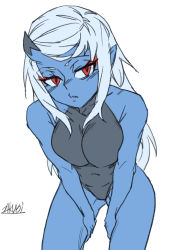 Rule 34 | 1girl, bare arms, bare shoulders, black leotard, blue oni, blue oni (zakusi), blue skin, breasts squeezed together, breasts, colored skin, commentary, contrapposto, covered navel, cowboy shot, english commentary, eyeliner, gluteal fold, horns, leaning forward, leotard, long hair, looking at viewer, makeup, medium breasts, oni, original, parted lips, pointy ears, red eyes, signature, silver hair, simple background, single horn, solo, white background, zakusi