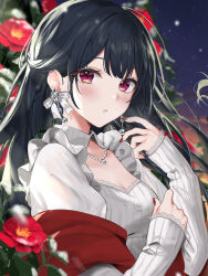 Rule 34 | 1girl, black hair, blurry, blurry background, blush, breasts, cleavage, detached collar, earrings, flower, grey sweater, highres, jewelry, light particles, long hair, long sleeves, looking at viewer, masyu jyaga, medium breasts, mint, multicolored eyes, necklace, open mouth, original, outdoors, pink eyes, plant, purple sky, red flower, red nails, sidelocks, sky, solo, sunset, sweater
