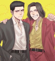 Rule 34 | 2boys, belt, black hair, black jacket, blouse, brown hair, coco (h221414), commentary request, expressionless, friends, hand in pocket, hand on another&#039;s shoulder, highres, jacket, jewelry, kiryu kazuma, looking at viewer, male focus, medium hair, multiple boys, necklace, nishikiyama akira, pants, popped collar, red pants, ryuu ga gotoku (series), ryuu ga gotoku 0, shirt, short hair, sideburns, smile, white shirt, yakuza, yellow shirt, aged down