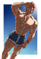 Rule 34 | 1boy, abs, bara, blue eyes, blue male swimwear, bracelet, closed mouth, facial hair, fate/grand order, fate (series), goatee, highres, jewelry, large pectorals, long sideburns, male focus, male swimwear, monmonhomon, muscular, muscular male, napoleon bonaparte (fate), navel, nipples, open clothes, pectorals, sideburns, smile, solo, topless male, watch, wristwatch