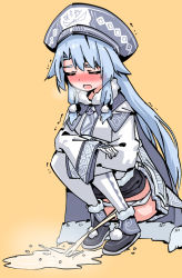 Rule 34 | 1girl, ainu clothes, black footwear, black legwear, blue hair, blue hat, blush, boots, breasts, cape, closed eyes, clothes pull, embarrassed, fate (series), fur-trimmed boots, fur-trimmed cape, fur collar, fur trim, gloves, hair flaps, hair ornament, hat, leg warmers, long hair, long sleeves, multicolored cape, multicolored clothes, open mouth, panties, pants, pants pull, panty pull, pee, peeing, pom pom (clothes), pom pom hair ornament, rune (dualhart), shaking, simple background, sitonai (fate), sleeves past wrists, small breasts, solo, squatting, thighs, underwear, very long hair, white gloves, white panties, wide sleeves