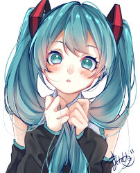 Rule 34 | 1girl, absurdres, blue eyes, blue hair, blush, commentary, detached sleeves, hair ornament, hatsune miku, highres, holding, holding hair, long hair, long sleeves, looking at viewer, mai mugi, open mouth, shirt, sleeveless, sleeveless shirt, solo, twintails, upper body, virtual youtuber, vocaloid