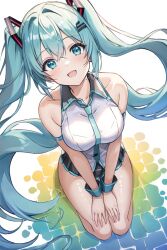 Rule 34 | 1girl, absurdres, hatsune miku, highres, kneeling, looking at viewer, nanashi321, solo, twintails, vocaloid