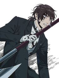 1boy alternate_costume aragaki_shinjirou axe black_pants black_suit blood blood_on_clothes blood_on_face brown_hair collared_shirt constricted_pupils elulit2 formal_clothes gloves grey_eyes highres holding holding_axe holding_weapon jacket kneeling layered_sleeves long_sleeves looking_ahead male_focus medium_hair pants parted_lips persona persona_3 ponytail shirt short_ponytail solo suit suit_jacket teeth weapon white_background white_gloves white_shirt