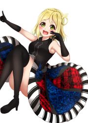 Rule 34 | 1girl, 2019, aoiao, armpits, artist name, artist request, bare shoulders, black footwear, black gloves, black legwear, blonde hair, braid, collared shirt, crown braid, female focus, full body, gloves, hair rings, high heels, highres, looking at viewer, love live!, love live! school idol festival, love live! sunshine!!, multicolored stripes, ohara mari, pointing, pointing up, shirt, shoes, short hair, skirt, smile, solo, song name, striped clothes, striped skirt, white background, yellow eyes