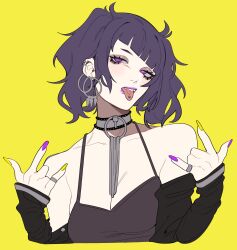 Rule 34 | 1girl, \m/, absurdres, black camisole, black jacket, camisole, collar, diagonal bangs, double \m/, ear piercing, earrings, eyeshadow, highres, hoop earrings, idolmaster, idolmaster shiny colors, jacket, jacket partially removed, jewelry, makeup, medium hair, piercing, pink lips, pink nails, porqueloin, purple eyes, purple hair, simple background, sleeves past wrists, solo, tanaka mamimi, tongue, tongue out, tongue piercing, upper body, yellow background