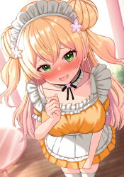Rule 34 | 1girl, blonde hair, blush, breasts, choker, collarbone, cowboy shot, from above, green eyes, highres, hololive, large breasts, long hair, looking at viewer, maid, maid headdress, momosuzu nene, nootomo, open mouth, orange skirt, pleated skirt, skirt, smile, solo, standing, sweat, thighhighs, virtual youtuber, white thighhighs, wooden floor