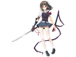 Rule 34 | arm guards, armband, blue eyes, brown hair, duplicate, glasses, gloves, katana, open mouth, panties, plaid, plaid skirt, scabbard, sheath, skirt, solo, sword, thighhighs, underwear, weapon, white thighhighs, zettai ryouiki