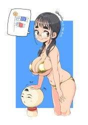 Rule 34 | 1girl, bikini, black hair, border, breasts, commentary request, glasses, gold bikini, hand on own thigh, highres, jimiko, kokeshi, large breasts, long hair, looking to the side, low twintails, motion lines, navel, original, outside border, sanemichi hajime, short eyebrows, simple background, smile, stomach, swimsuit, twintails, white border