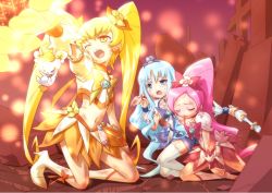 Rule 34 | 10s, 3girls, blonde hair, blue eyes, blue hair, blue skirt, boots, bow, brooch, cpro, cure blossom, cure marine, cure sunshine, closed eyes, hair ribbon, hanasaki tsubomi, heart, heart brooch, heartcatch precure!, injury, knee boots, kneeling, kurumi erika, long hair, magical girl, midriff, multiple girls, myoudouin itsuki, navel, one eye closed, open mouth, orange bow, pink bow, pink hair, ponytail, potpourri (heartcatch precure!), precure, ribbon, skirt, twintails, wink, yellow bow, yellow eyes