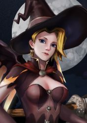 Rule 34 | 1girl, blonde hair, blue eyes, breasts, brooch, capelet, cleavage, earrings, elbow gloves, eyelashes, full moon, gloves, halloween, halloween costume, hat, highres, jewelry, lips, looking at viewer, mechanical wings, medium breasts, mercy (overwatch), moon, night, nose, official alternate costume, oroo, outdoors, overwatch, overwatch 1, short sleeves, solo, upper body, wings, witch, witch hat, witch mercy