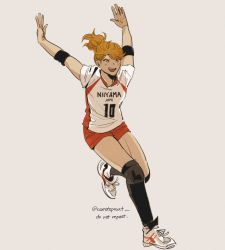 Rule 34 | 1girl, blush, brown eyes, carrotsprout, elbow pads, female focus, haikyuu!!, highres, hinata natsu, jersey, knee pads, long hair, open mouth, orange hair, ponytail, red shorts, short sleeves, shorts, simple background, smile, solo, sportswear, teeth, tongue, twitter username, volleyball uniform, watermark, white background, white jersey