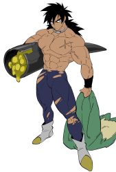 Rule 34 | 1boy, :/, abs, black eyes, black hair, blue legwear, boots, broly (dragon ball super), carrying, carrying under arm, dark-skinned male, dark skin, dragon ball, dragon ball super, dragon ball super broly, frown, full body, highres, holding, holding clothes, jewelry, large pectorals, legs apart, long hair, looking away, male focus, muscular, neck ring, no nipples, pectorals, scar, scar on chest, simple background, solo, spiked hair, thighs, topless male, torawar, torn clothes, torn legwear, veins, white background, white footwear, wristband