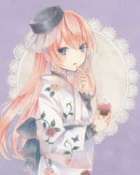Rule 34 | 1girl, :o, black hat, blue eyes, commentary, doily, finger to mouth, floral background, frills, hair between eyes, hat, highres, japanese clothes, kimono, long hair, long sleeves, marker (medium), megurine luka, open mouth, paruno, pink hair, purple background, traditional media, vocaloid