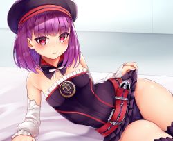 Rule 34 | 1girl, bad id, bad pixiv id, bare shoulders, belt, blush, breasts, detached sleeves, fate/grand order, fate (series), hat, helena blavatsky (fate), looking at viewer, panties, purple eyes, purple hair, short hair, small breasts, smile, solo, strapless, thighhighs, tomojo, underwear