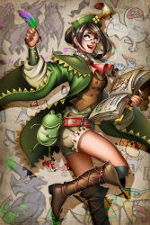 Rule 34 | 1girl, belt pouch, book, brown eyes, brown hair, child&#039;s drawing, commentary, earrings, english commentary, feathers, glasses, guildmarm (monster hunter), hat feather, highres, jewelry, monster hunter (series), monster hunter 4, open book, pechan, pouch, quill, semi-rimless eyewear, shorts, smile, solo, under-rim eyewear, wide sleeves