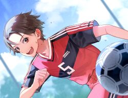 Rule 34 | 1boy, arm at side, ball, black shirt, blue sky, brown hair, cherico, clenched hand, cloud, day, dutch angle, hand up, highres, male focus, multicolored shirt, open mouth, original, playing sports, red eyes, red shirt, red shorts, shirt, short hair, short sleeves, shorts, sky, soccer, soccer ball, soccer uniform, solo, sportswear, sweat