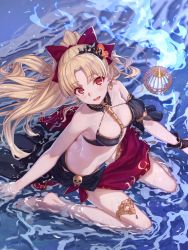 Rule 34 | 1girl, alternate costume, alternate hairstyle, between breasts, bikini, blonde hair, breasts, butt crack, collarbone, colored eyelashes, commentary request, contemporary, detached collar, duplicate, earrings, ereshkigal (fate), fate/grand order, fate (series), from above, hair ribbon, hoop earrings, jewelry, long hair, looking at viewer, lowleg, lowleg bikini, medium breasts, midriff, necklace, open mouth, parted bangs, ponytail, red bikini, red eyes, ribbon, sand, sarong, sitting, spine, stomach, swimsuit, water, wet, wet clothes, yachimoto