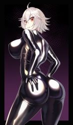 Rule 34 | 1girl, ahoge, ass, bodysuit, breasts, cowboy shot, fate/grand order, fate (series), highres, jeanne d&#039;arc (fate), jeanne d&#039;arc (ruler) (fate), jeanne d&#039;arc alter (avenger) (fate), jeanne d&#039;arc alter (fate), large breasts, latex, latex bodysuit, looking at viewer, looking back, short hair, silver hair, skin tight, smile, tsurime, volyz, yellow eyes