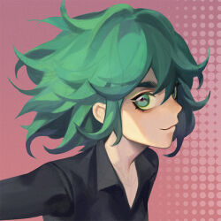 Rule 34 | 1girl, black dress, closed mouth, curly hair, dress, from side, green eyes, green hair, looking at viewer, looking to the side, ly hao nguyen, one-punch man, pink background, short hair, simple background, smirk, solo, tatsumaki, upper body