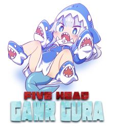 Rule 34 | 1girl, animal hood, blue dress, blue eyes, blue footwear, blue hair, blush, chaki (teasets), character name, drawstring, dress, english text, female focus, fins, fish tail, flat chest, full body, gawr gura, gawr gura (1st costume), grey hair, hand puppet, highres, hololive, hololive english, hood, hooded dress, jpeg artifacts, legs up, long hair, long sleeves, lying, multicolored hair, on back, open mouth, puppet, shark hood, shark tail, sharp teeth, shiny skin, simple background, solo, spread legs, streaked hair, tail, teeth, virtual youtuber, white background