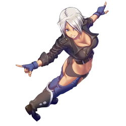 Rule 34 | 1girl, angel (kof), ass, blue eyes, boots, breasts, cleavage, cropped jacket, feet, female focus, fingerless gloves, from above, full body, gloves, grin, hair over one eye, highres, index finger raised, jacket, large breasts, leather, leather jacket, legs, looking at viewer, mexico, navel, outstretched arms, parted lips, short hair, simple background, smile, solo, standing, the king of fighters, thighs, thong, white background, white hair, yachi (fujiyasu0616)