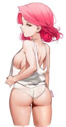 Rule 34 | 1girl, artist name, ass, backboob, bare arms, bare shoulders, breasts, clothes pull, commentary, cropped legs, curly hair, eden (shiroki yuutsu), english commentary, from behind, heart, highres, large breasts, looking at viewer, looking back, medium hair, original, panties, parted lips, pink hair, shirt, shirt pull, simple background, solo, sweatdrop, tank top, underwear, vanilla (eden (shiroki yuutsu)), wedgie, white background, white panties, white shirt, yellow eyes