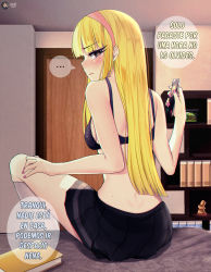 Rule 34 | 1girl, absurdres, bare arms, bare shoulders, bed, black bra, black skirt, blonde hair, blunt bangs, blush, book, bra, brad buttowski, brown eyes, cellphone, closed mouth, commentary request, dawapat, door, from behind, grey socks, hairband, hand up, highres, holding, indoors, kendall perkins, kick buttowski, kneehighs, long hair, looking back, md5 mismatch, miniskirt, mole, mole under eye, nail polish, phone, pink hairband, pink nails, pleated skirt, prostitution, resolution mismatch, shelf, sitting, skirt, smartphone, socks, source smaller, speech bubble, traced, translated, underwear