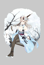 Rule 34 | 1girl, absurdres, bare tree, bench, black ribbon, black sash, blue eyes, blue kimono, breasts, brown pantyhose, cleavage, closed mouth, crossed legs, green eyes, grey background, grey hair, gun, hair ornament, heterochromia, high heels, highres, holding, holding gun, holding weapon, horns, japanese clothes, jewelry, kimono, large breasts, long sleeves, looking at viewer, obi, off shoulder, official art, oyabuli, panilla the revival, pantyhose, ribbon, rifle, ring, sash, shoes, sitting, smile, snow, snowman, solo, tree, weapon, wedding band, wide sleeves