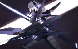 Rule 34 | 1girl, cyborg, grey hair, hair ornament, headgear, highres, holding, holding polearm, holding shield, holding weapon, huge weapon, joints, looking back, mechanical wings, medium hair, orange eyes, polearm, punishing: gray raven, robot joints, rosetta (punishing: gray raven), shield, solo, wang xiao jun, weapon, wings, x hair ornament