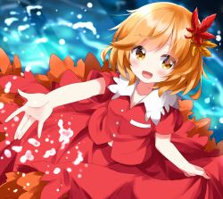 Rule 34 | 1girl, aki shizuha, blonde hair, blush, breasts, buttons, cleavage, collared shirt, highres, leaf, leaf on head, looking at viewer, open mouth, red shirt, red skirt, ruu (tksymkw), shirt, short hair, short sleeves, skirt, small breasts, smile, solo, touhou, water, yellow eyes