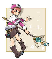 Rule 34 | 1girl, atelier (series), atelier rorona, belt, belt buckle, beret, blue eyes, boots, brown belt, brown footwear, brown skirt, buckle, capelet, closed mouth, frilled capelet, frills, full body, hat, holding, holding staff, legs apart, long sleeves, loose belt, miniskirt, multicolored clothes, multicolored hat, nishikuromori, orange hair, pink capelet, rororina fryxell, short hair, skirt, sleeve cuffs, smile, solo, staff, star (symbol)