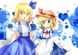 Rule 34 | 2girls, aged down, alice margatroid, alice margatroid (pc-98), apron, blonde hair, blue bow, blue dress, blue eyes, blue hairband, blue skirt, blush, bow, chisen maimai, closed mouth, dress, elbow gloves, flat chest, frilled apron, frills, gloves, hair bow, hairband, hand on headwear, hat, hat bow, highres, kana anaberal, looking at viewer, multiple girls, open mouth, puffy short sleeves, puffy sleeves, red neckwear, shirt, short hair, short sleeves, skirt, smile, suspenders, touhou, touhou (pc-98), waist apron, white apron, white bow, white shirt, yellow eyes