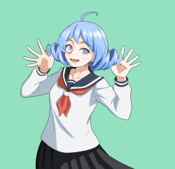 1girl ahoge black_skirt blue_eyes blue_hair blue_sailor_collar boku_no_hero_academia drill_hair green_background hado_nejire hands_up highres neckerchief official_alternate_costume official_alternate_hairstyle pideco pleated_skirt red_neckerchief sailor_collar school_uniform serafuku skirt solo twin_drills