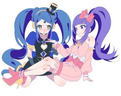 Rule 34 | 2girls, archived source, bad id, bad twitter id, black dress, black gloves, blue hair, blunt bangs, blush, bow, braid, braided bangs, closed mouth, crossed legs, crying, crying with eyes open, detached sleeves, dress, full body, garara s leep, gloves, hair bow, hanazono shuka, hat, head chain, headphones, high heels, highres, idol clothes, idol time pripara, jewelry, long hair, looking at another, mini hat, mini top hat, multiple girls, open mouth, pink bow, pink footwear, pink shirt, pink skirt, ponytail, pretty series, pripara, puffy short sleeves, puffy sleeves, purple eyes, purple hair, shirt, short sleeves, simple background, sitting, skirt, smile, symbol-shaped pupils, tears, top hat, twintails, very long hair, white background, yellow eyes, zashima